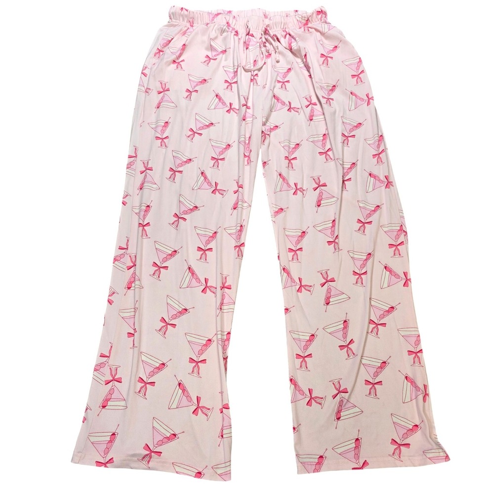Spoiled Angel Martini Glass Print Pajama Pants Women's Size 1X Pink Wide Leg